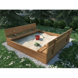Drewniana piaskownica dla dzieci z ławeczkami